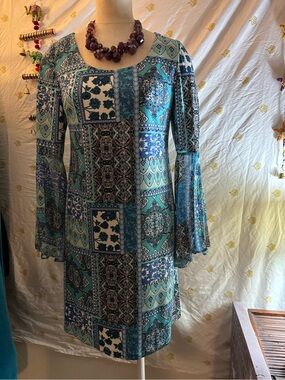 Studio Teal and Blue Patchwork Bell-Sleeve Dress